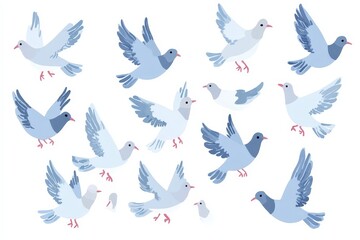Obraz premium A collection of cartoon-style blue birds showcasing various poses and expressions.. Beautiful simple AI generated image