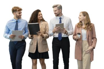 Group of a professional business team walking and discussing on a transparent background