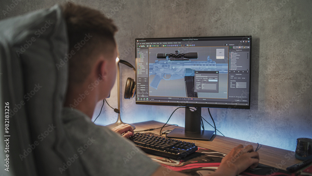 Poster caucasian teenager creates 3d model and animation of sniper rifle using computer. interface of profe