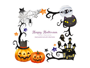 水彩手書きタッチのハロウィンモチーフのかわいいフレームデザインセット