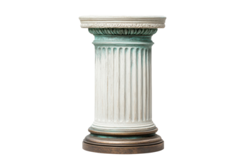Classic Roman column pedestal with intricate detailing and a weathered patina finish. Ideal for traditional decor or architectural display. Isolated on transparent background, png.