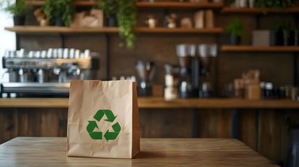 A brown paper bag with a green recycling symbol on a wooden table, set in a cozy café environment, Generative AI