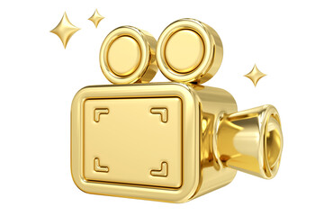 Golden Video Icon, A shining representation of a vintage film camera, rendered in luxurious gold, symbolizes the allure and prestige of filmmaking and visual storytelling, 3d rendering