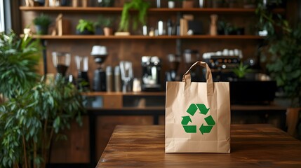 A brown paper bag with a green recycling symbol on a wooden table, set in a cozy café environment, Generative AI