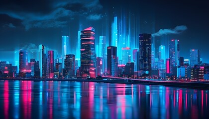 Neon Blue Hued Holographic Cityscape Projection