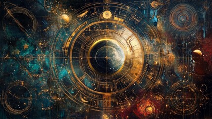 A digital collage of astrology symbols featuring celestial elements and zodiac signs amidst a vibrant cosmic background