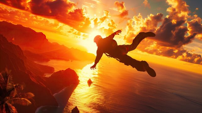 silhouette of skydiver against bright orange sunset