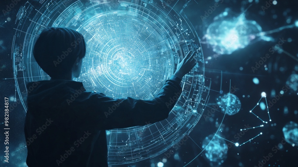 Poster a futuristic figure interacts with a glowing, intricate digital interface in a high-tech environment