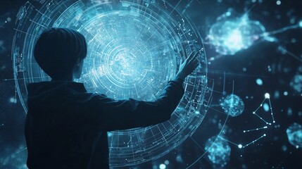 A futuristic figure interacts with a glowing, intricate digital interface in a high-tech environment