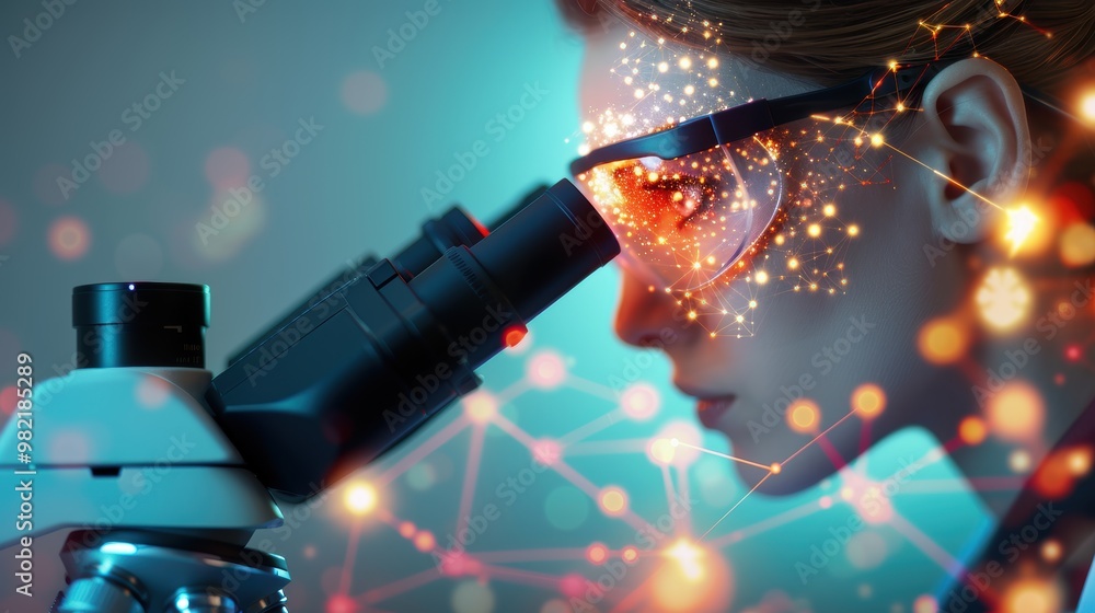 Poster a scientist looking through a microscope, with a glowing knowledge network encompassing their resear