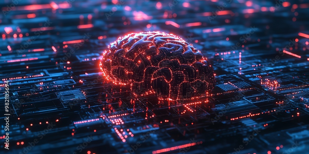 Poster a glowing red brain sits on a dark blue circuit board, representing artificial intelligence and tech