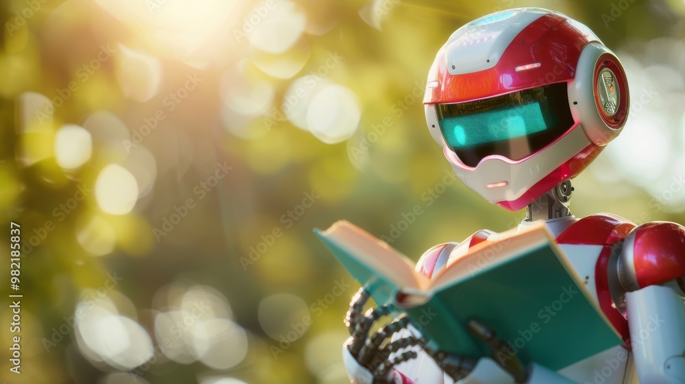 Poster a robot holding a book, symbolizing the integration of artificial intelligence in knowledge acquisit