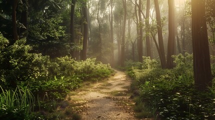 Obraz premium Serene Forest Pathway with Sunlight - Nature Trail Illustration of Peaceful Forest Landscape.