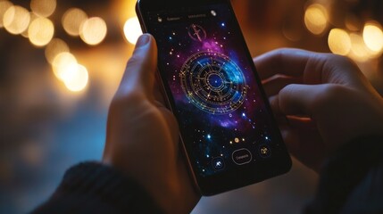 Hands holding a smartphone displaying an astrology app with a colorful cosmic background