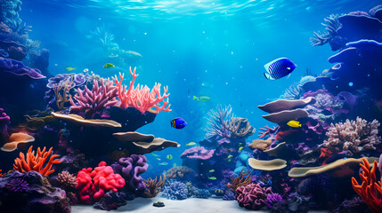 Obraz premium underwater coral reef landscape in the deep blue ocean with colorful fish and marine life background wallpaper 