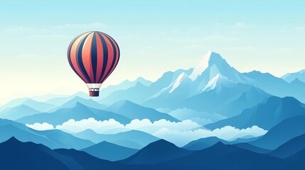 Hot air balloon flying over a mountain range.