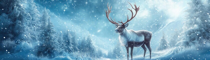 A majestic reindeer stands gracefully in a serene snowy landscape, surrounded by frosty trees and a tranquil winter atmosphere.