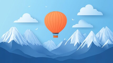 A paper-style hot air balloon floats above a snowy mountain range, evoking a sense of adventure and freedom.
