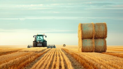 Obraz premium A tractor driving through a field, loaded with bales of hay, showcasing the efficiency of machinery during the harvest.