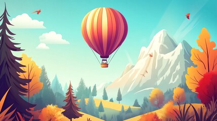 Colorful cartoon illustration of a hot air balloon flying over a mountain range.