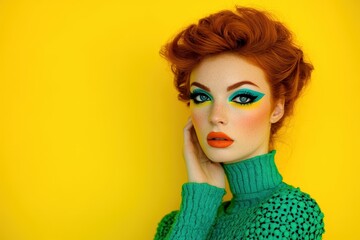 Mockup featuring girl in white t-shirt against vibrant yellow backdrop. Beautiful simple AI generated image