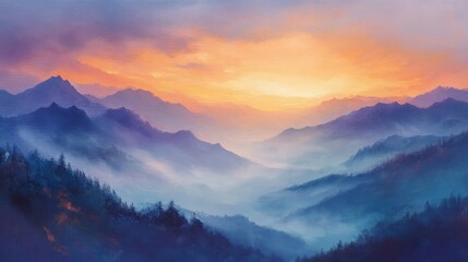 Obraz premium A Golden Sunset Over a Misty Mountain Range
