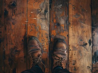 Fototapeta premium A pair of brown leather boots stand on a worn wooden floor.