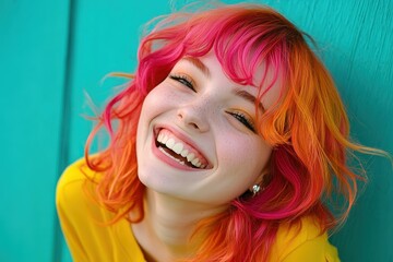 Fototapeta premium Mockup featuring girl in white t-shirt against vibrant yellow backdrop. Beautiful simple AI generated image