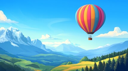 Naklejka premium Colorful hot air balloon floating in the air above a mountain range with green trees and a blue sky.