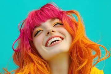 Fototapeta premium Portrait of a smiling 11-year-old girl in the studio. Beautiful simple AI generated image
