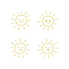 Sun icon line set, doodle hand drawn set. Sunshine and solar glow. Decorative circle sun and sunlight with happy face. Hot solar energy. Children paint. Vector illustration