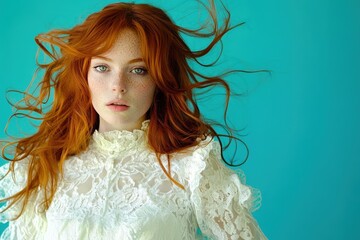 Fototapeta premium Mockup featuring girl in white t-shirt against vibrant yellow backdrop. Beautiful simple AI generated image