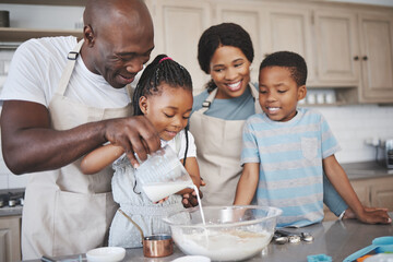 Milk, baking and black family in kitchen for bonding, learning and skill development in home....