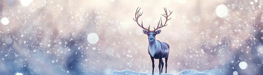 A serene scene featuring a majestic deer standing gracefully in a snowy landscape, surrounded by soft winter light.