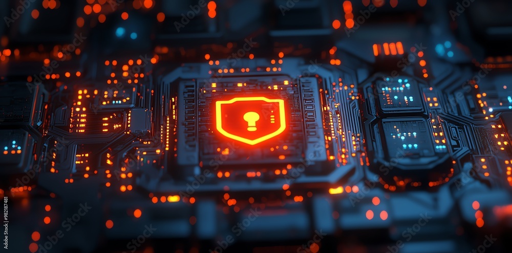 Poster a glowing red shield with a keyhole on a circuit board represents digital security.