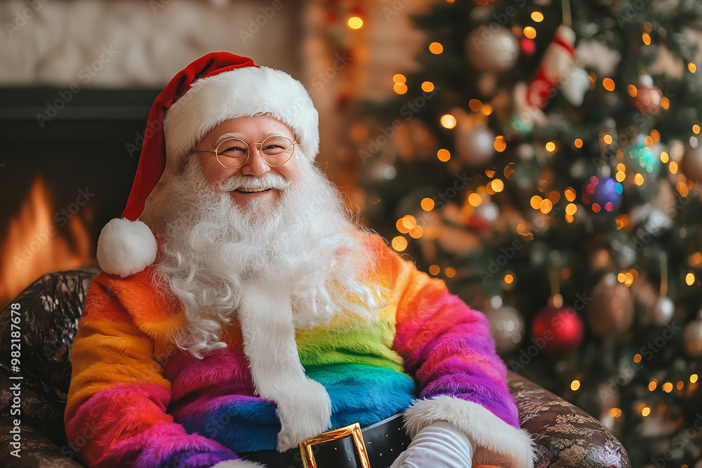 Poster Inclusive Santa Claus in Rainbow Outfit Celebrating Modern Christmas  