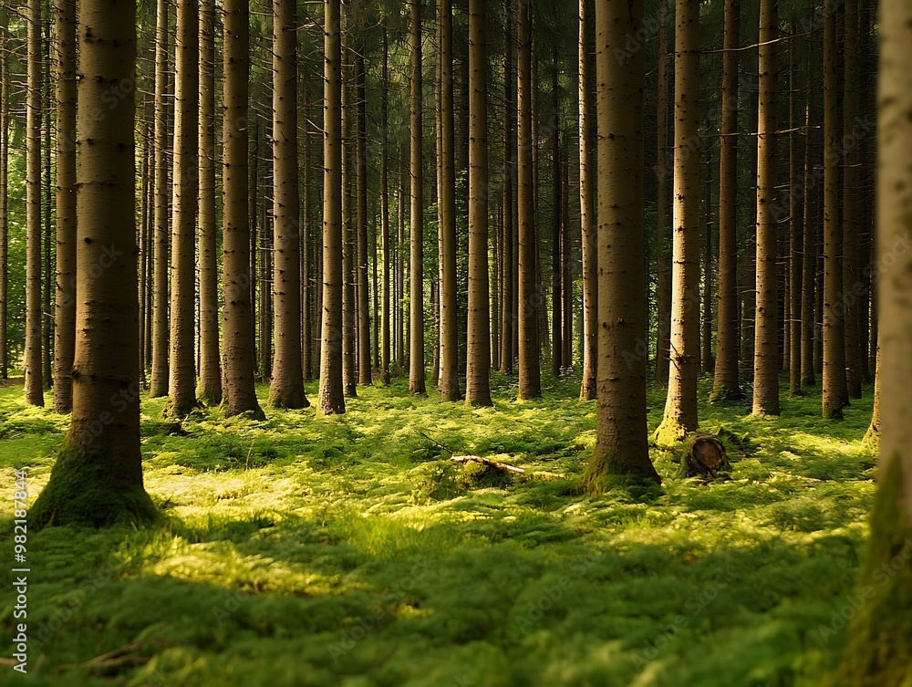 Poster sunlight filters through the trees in a dense forest, illuminating the green moss on the forest floo