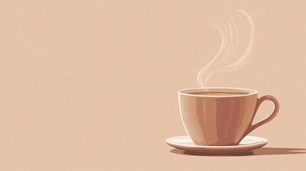 A steaming cup of coffee on a saucer against a soft beige background.