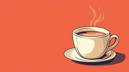 A steaming cup of coffee in a white mug on a white saucer against a red background.