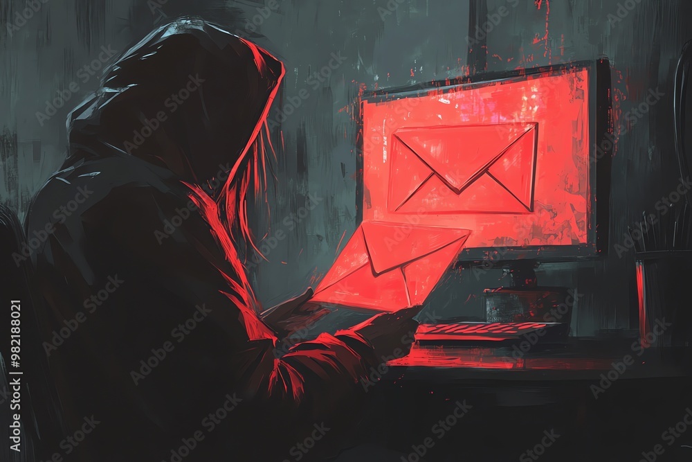 Poster a hooded figure sits in front of a computer screen, illuminated by a bright red glow. the screen dis