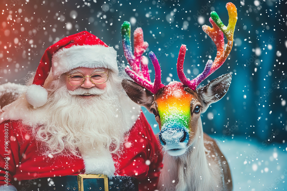 Wall mural Joyful Santa with Reindeer Sporting Rainbow Antlers in Snowy Landscape  