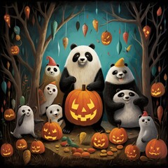 Obraz premium halloween pumpkin and ghost,Generative Ai illustration,panda halloween