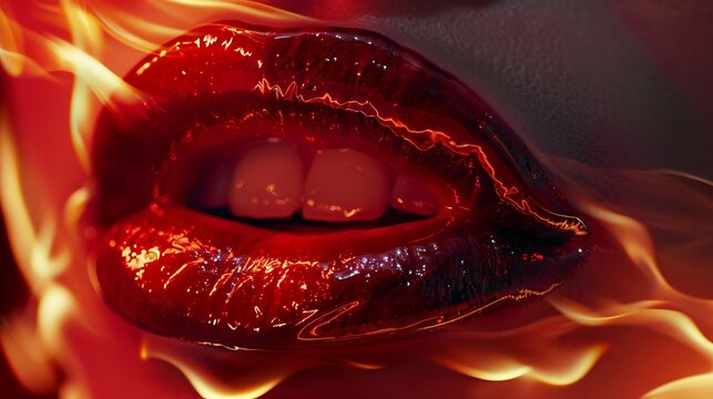 Fiery close-up of glossy red lips with flames wrapping around them, symbolizing passion, intensity, and bold sensuality &ndash; ideal for beauty, fashion, and artistic concepts