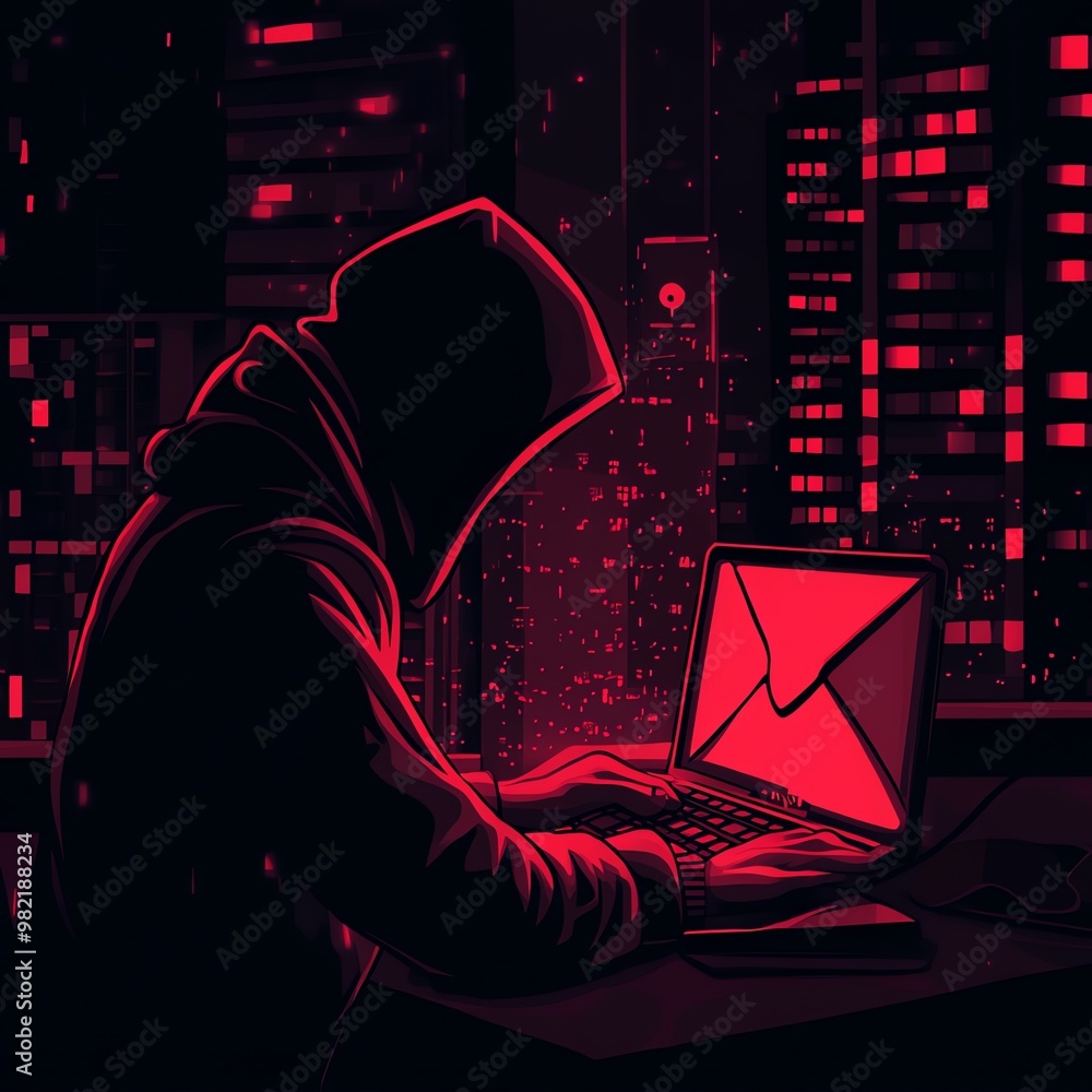 Poster a hooded figure sits in front of a laptop with a red envelope on the screen, against a backdrop of c