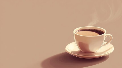 Obraz premium A steaming cup of coffee sits on a saucer with a light brown background.