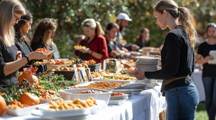 Volunteers serve Thanksgiving meals at a vibrant outdoor community event filled with autumn decorations and shared joy