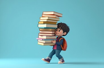 cute illustration of male student holding giant stack of books, struggling to balance it, copyspace