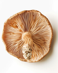 Overhead View of Brown-Capped Honey Mushroom on White Background with Intricate Gills