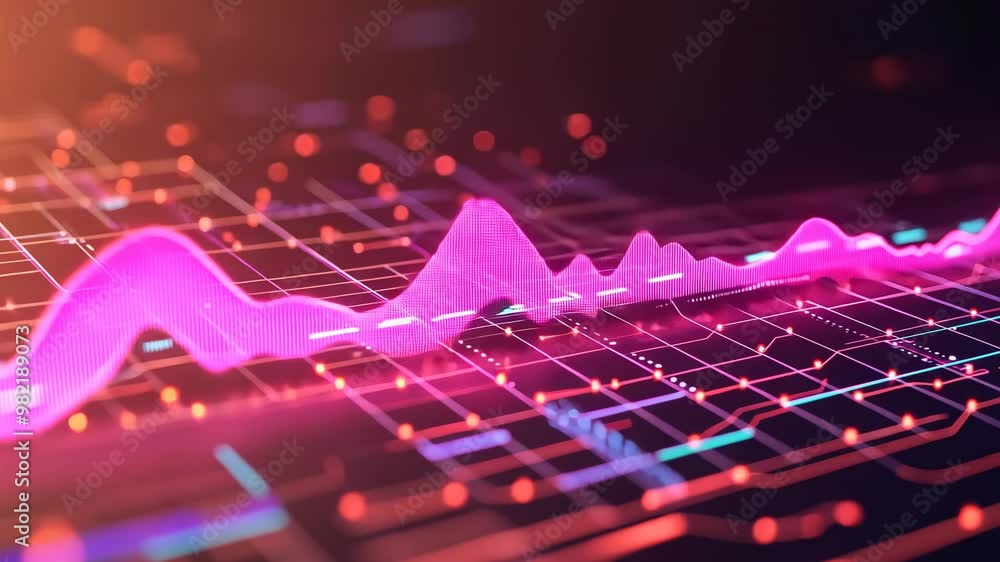 Poster a vibrant digital graph showcasing dynamic data trends with bright colors and abstract lines