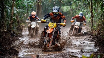 Motocross Riders Splashing Through Mud in a Jungle Setting